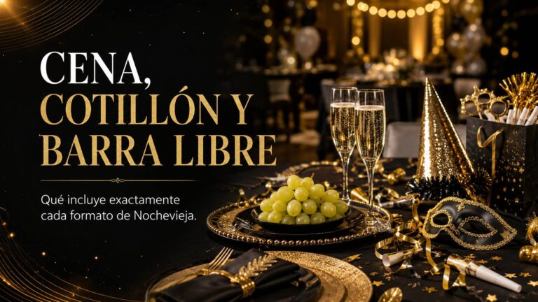 Mesa de Nochevieja con cotillón, copas de cava y uvas preparadas para las campanadas