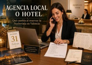 Asesora gestionando una reserva de Nochevieja en Valencia frente a la opción de reservar directamente con el hotel